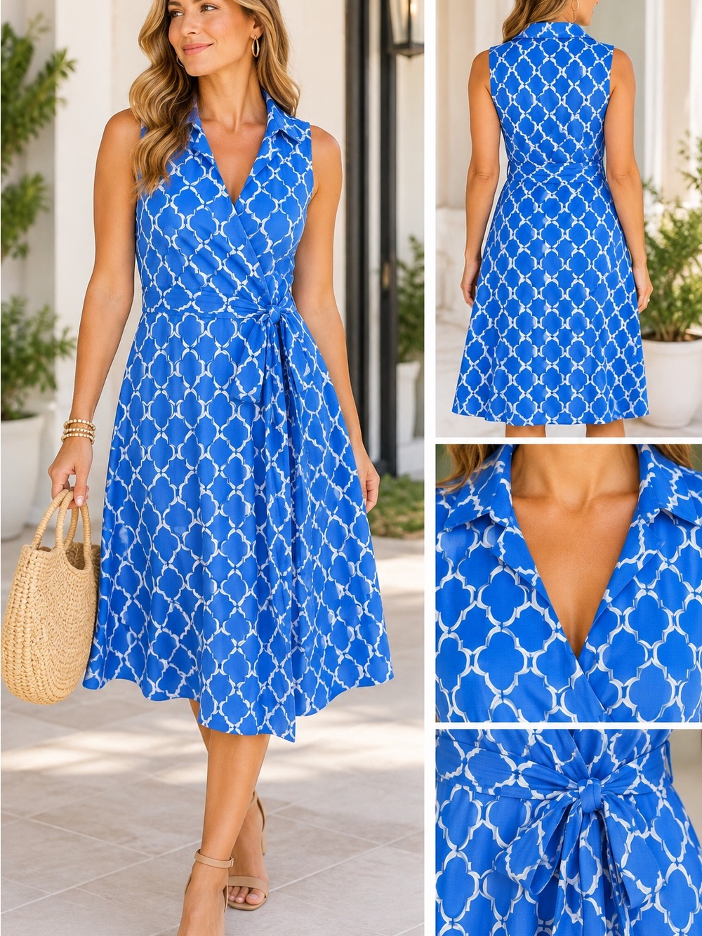 J. McLaughlin Blue White Geometric Sleeveless Wrap Midi Dress Size M
